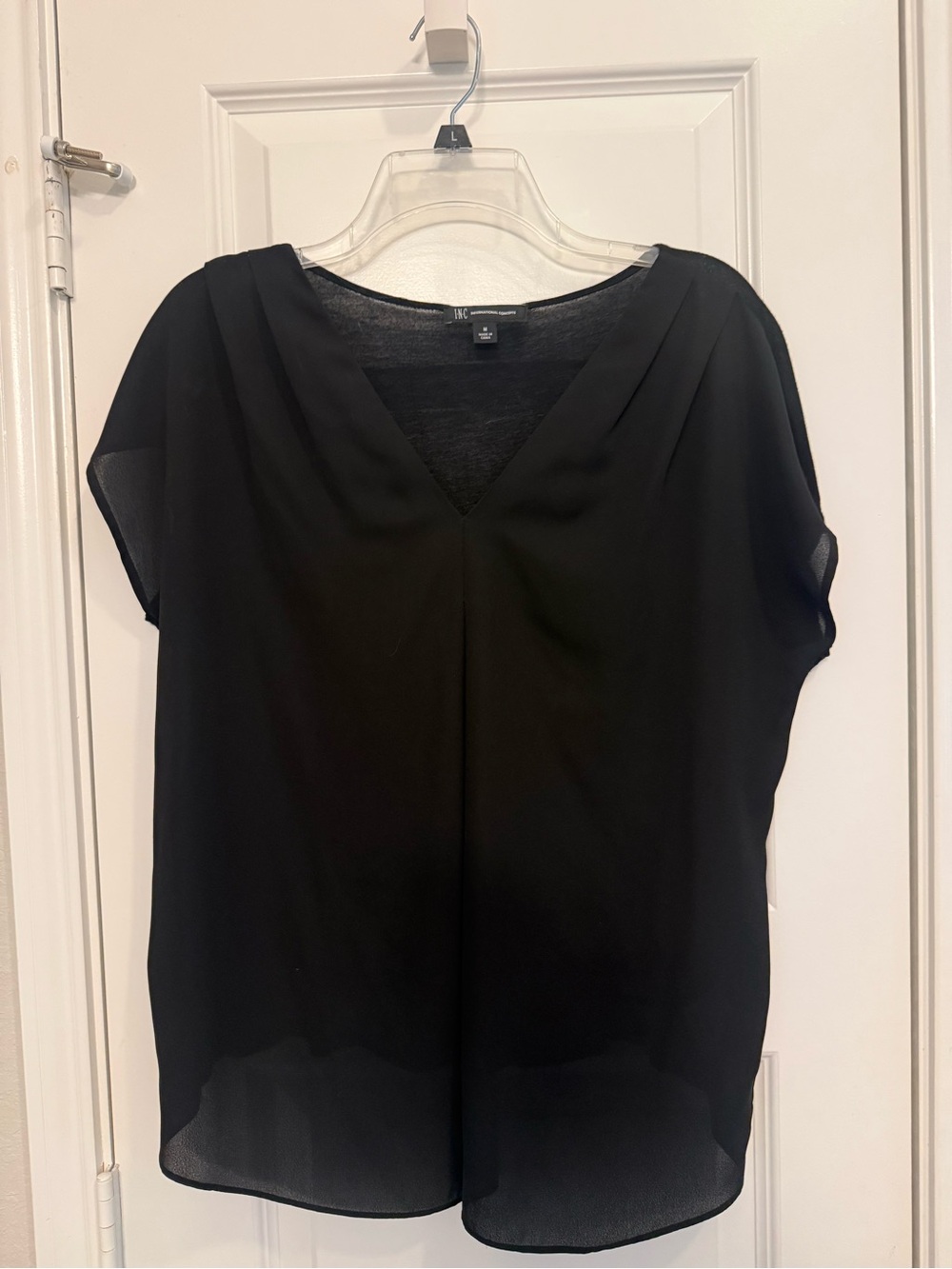 INC International Concepts Black V-Neck Short Sleeve Blouse